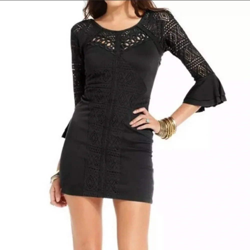 Free People Black Eyelet Bell Sleeve Bodycon Dress